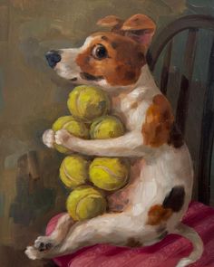 a painting of a dog sitting on a chair with tennis balls in it's paws