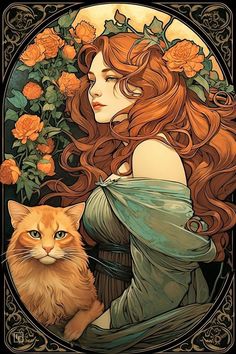 a painting of a woman with long red hair and a cat in front of her