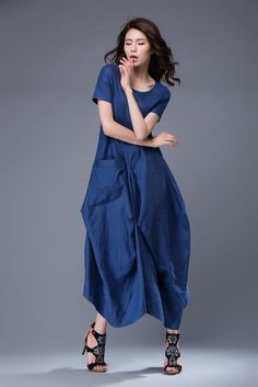 Blue Linen Dress Lagenlook Long Maxi Short-Sleeved | Etsy Casual Asymmetrical Linen Dress, Casual Linen Dress With Asymmetrical Hem, Lagenlook Linen Dress With Asymmetrical Hem, Blue Short Sleeve Lagenlook Dress, Blue Asymmetrical Casual Maxi Dress, Casual Blue Asymmetrical Maxi Dress, Orange Linen Dress, Summer Dresses With Sleeves, Long Full Skirt