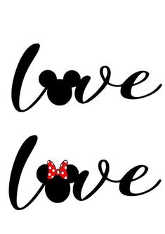 the word love is written in black and red with a minnie mouse bow on it