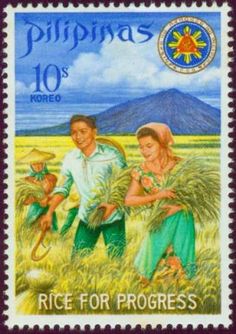 a stamp with an image of two people in a field and the words rice for progress