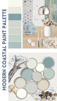 the color scheme for modern coastal style is blue, white and gray with an assortment of seashells