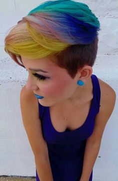 Short rainbow dyed hair Rainbow Dyed Hair, Rainbow Hair Color, Funky Hairstyles, Yellow Hair, Grunge Hair