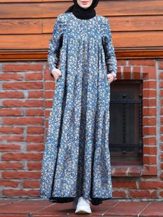 ZANZEA Retro Dubai Abaya Turkey Hijab Dress Women Vintage Floral Printed Maxi Sundress Summer Long Eid Floral Print Long Sleeve Abaya, Spring Blue Long Sleeve Abaya, Casual Long Sleeve Dresses For Eid, Spring Casual Maxi Length Abaya, Casual Long Sleeve Abaya For Eid, Casual Long Maxi Dress For Eid, Bohemian Long Sleeve Abaya For Fall, Casual Maxi Dress For Eid, Modest Long Sleeve Dresses For Eid