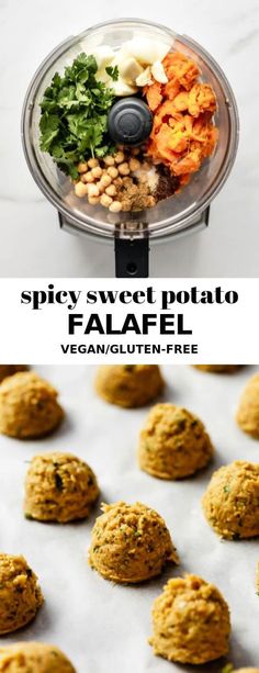 the ingredients for spicy sweet potato falafel in a food processor