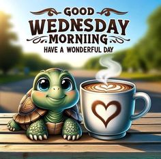 a cute little turtle sitting next to a cup of coffee with the words good wednesday morning have a wonderful day