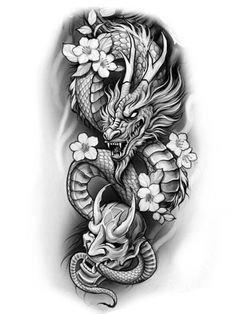 a black and white image of a dragon with flowers on it's back side