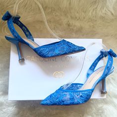 A Gorgeous Pair Of Caroline Constas Lace Pumps Authentic Limited Collection, Sold Out Everywhere New, With A Box Size: Eu 37 Beautiful Lace Upper In Gorgeous Blue Slingback Strap Eye-Catching Bow Detailing At Back Pointed Toe Padded Leather Insole Designer Logo On Soles 3 1/4” Satin Covered Heel Beautiful And Versatile, Can Be Worn With Dresses, Skirts And Pants! Blue Kitten Heels With Heel Strap For Evening, Blue Padded Heel Court Shoes For Party, Blue Low Heel Court Shoes For Party, Blue Court Shoes With Padded Heel For Party, Blue Party Court Shoes With Padded Heel, Chic Blue Kitten Heels For Formal Occasions, Chic Blue Heels For Gala, Chic Blue Court Shoes For Evening, Chic Blue Evening Court Shoes