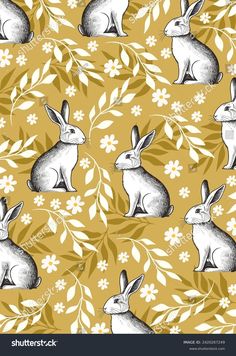 seamless pattern with rabbits and flowers on a yellow background stock photo, royalty illustration