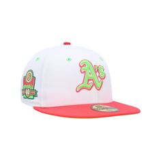 Upgrade your headwear game by grabbing this Oakland Athletics 40th Anniversary Strawberry Lolli 59FIFTY Fitted Hat from New Era. Highlighting your loyalty to the team will be super easy thanks to the distinctive Oakland Athletics graphics embroidered on the crown.Upgrade your headwear game by grabbing this Oakland Athletics 40th Anniversary Strawberry Lolli 59FIFTY Fitted Hat from New Era. Highlighting your loyalty to the team will be super easy thanks to the distinctive Oakland Athletics graphi Throwback White Snapback Hat, White Throwback Snapback Hat, White Retro Adjustable Fitted Hat, White Adjustable Retro Fitted Hat, Retro Snapback Hat For Fan Gear, Retro Snapback Hat For Fans, White Vintage Hats For Baseball Season, Retro White Fitted Hat For Baseball Season, Retro Game Day Cap