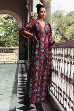 Shop for Jodi Red Mulberry Silk Samode Hand Block Print Wrap Gown for Women Online at Aza Fashions Maxi Length Dress With Block Print For Wedding, Wedding Block Print Maxi Dress, Wedding Maxi Dress With Block Print, Maxi Length Wedding Dress With Block Print, Silk Floor-length Dress With Printed Motifs, Floor-length Silk Dress With Printed Motifs, Festive Floor-length Silk Maxi Dress, Designer Block Print Maxi Dress, Designer Floor-length Block Print Dresses