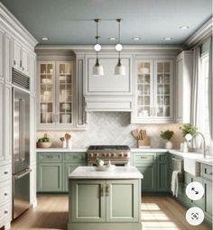 an image of a kitchen setting with green cabinets and white counter tops, along with light wood flooring