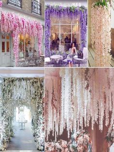 many different types of flowers hanging from the ceiling and in front of an open door