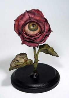 an eyeball is placed on top of a rose with two leaves in front of it