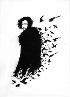 a black and white drawing of a man surrounded by birds