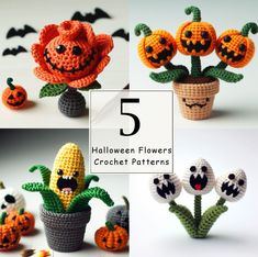 crocheted halloween flowers and pumpkins are featured in this photo with text overlay that says 5 halloween flowers crochet patterns