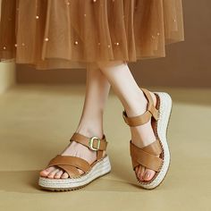 Lasaky - Womens Summer Sandals with Chunky Low Heels and Wide Straps in Woven Grass Beach Style Womens Summer Sandals, Leather Mary Jane Flats, Floral Heels, Womens Sandals Summer, Espadrille Wedge, Leather Wedge Sandals, Leather Mary Janes, Summer Sandals, Beige Brown