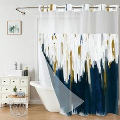 a bath room with a tub and a shower curtain