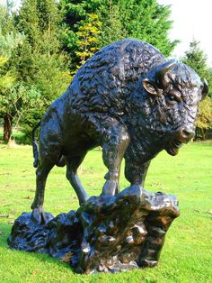 a bronze statue of a bison standing on top of a rock in a grassy field