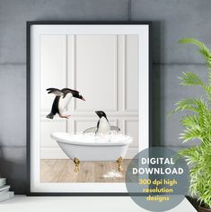 an image of two penguins in a bathtub with the caption digital download 300 dpi high resolution designs