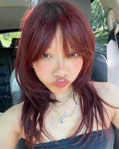 Dora Haircut, Blonde Wolfcut, Cherry Red Hair Color, Amelia Bones, Red Hair With Bangs, Cherry Cola Hair, Bangs Haircut, Red Hair Color Ideas, Cherry Red Hair