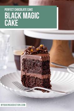 a slice of chocolate cake on a white plate