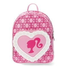 a pink and white backpack with a silhouette of a woman's head on it