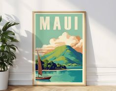 there is a poster that says mau on the wall next to a potted plant