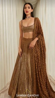 Simple Indian Engagement Outfits, Gold Lehenga Simple, Golden Lehenga Simple, Lehenga Skirt Designs, Engagement Fits, Cocktail Lehenga, Sawan Gandhi, Indian Designer Lehenga, Cocktail Sarees