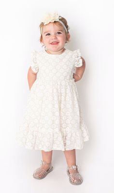 Flutter sleeve all lace ivory and gold dress with back zipper. Hand-wash with cold water. Made from Polyester Popatu style SPB-13279 Girl Rainbow, Lace Overlay Dress, Ruffle Sleeve Dress, Lace Overlay, Ivory Lace, Lace White Dress, Gold Dress, Baby Girl Dresses, Tulle Dress