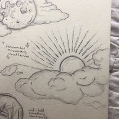 a drawing of the sun and clouds with some words on it