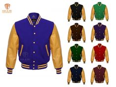 Varsity Letterman Baseball School Jacket Gold Leather Sleeves Multi Wool Colors Jacket Breakdown Body Body made with color-fast heavyweight 24-ounce wool (80% wool and 20% nylon). Sleeves Gold sleeves made with premium quality cowhide real leather. Collar Two stripe knit stand-up style collar made of (wool color) and white acrylic wool. Snaps High quality metal snaps covered with white acrylic paint. Outer Pockets Deep pockets with white cowhide leather finish. Inner Pockets 3 Pockets: 1 zipper Men Varsity Jacket, Leather Sleeve Jacket, School Jacket, Leather Sleeves, White Acrylic Paint, Leather Finish, Leather Sleeve, Leather Collar, White Acrylic