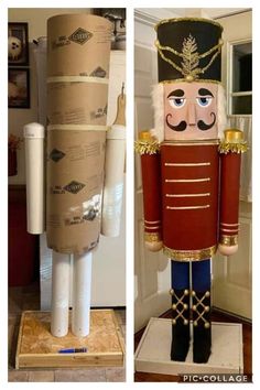 two photos of nutcrackers made out of cardboard