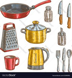 various kitchen utensils and pots on a white background - miscellaneous objects / characters