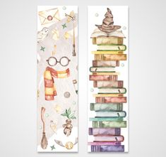 two bookmarks with watercolor illustrations of books, hats and other things on them