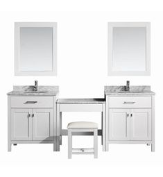 a white bathroom vanity with two mirrors above it and a stool under the sink area