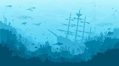 an underwater scene with a ship in the water and other marine life around it, as well as fish