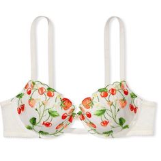 Nwt Victoria’s Secret Dream Angels Lightly-Lined Strawberry Embroidery Demi Bra. Our Dreamy New Collection Is Ripe For The Picking, Embroidered With Delicate Fruit Stitched By Hand. This Romantic Demi Is Kissed With Sweet Strawberry And Cherry Appliques On Fine Tulle. It Offers The Gentle Support And Shape You Love, Enhancing Your Natural Cleavage. Finished With Scalloped Lace Cups And Pretty, Swiss Dot Mesh Sides. Lift & Lining Lightly Lined Underwire Straps & Hooks Adjustable Straps Back Hook- Embroidery On Tulle, Strawberry Embroidery, Lacey Bra, Lace Bra Top, Red Lace Bra, Pushup Bra, Rhinestone Bra, Cotton Lingerie, Cute Bras