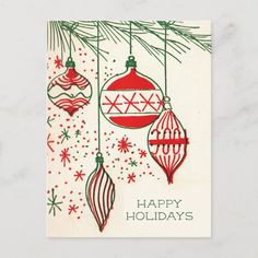 a christmas card with ornaments hanging from the tree