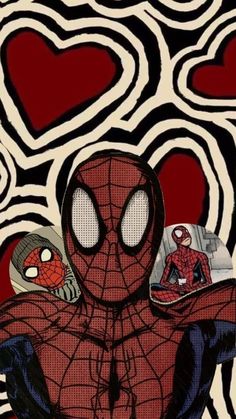 a drawing of a spiderman holding a guitar and looking at his cell phone in front of him