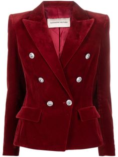 dark red cotton velvet crystal-embellished buttons peak lapels double-breasted button fastening long sleeves buttoned cuffs two front flap pockets American rear vent straight hem Dark Red Blazer Outfit, Burgandy Blazer, Red Blazer Outfit, Red Velvet Blazer, Velvet Blazer Women, Dark Red Velvet, Embellished Buttons, Dressy Hats, Perfect Jacket