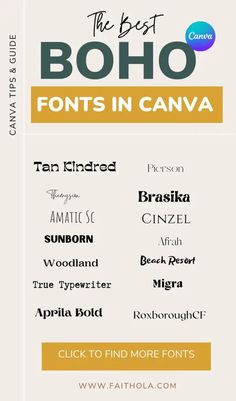 Looking for the Boho Fonts in Canva so you can create your next design? Look no further, this blog post contains the best boho fonts bohemian style Fonts in Canva. Whether you are looking for Canva Pro Boho fonts or Free Boho Canva Fonts. It contains a list of my Favorite Bohemian Canva fonts Retro Boho Graphics, Boho Fonts Free, Boho Canva Elements, Free Boho Canva Fonts, Boho Canva Font Pairing, Boho Typography Fonts, Tiki Font, Logo Tips