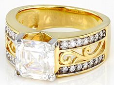 Moissanite Fire(R) 3.81ctw diamond equivalent weight asscher cut and round brilliant, 14k yellow gold over sterling silver ring. Measures approximately 5/16" L x 3/16" W and is not sizeable. Actual moissanite weight is 3.13ctw. Silver Engagement Ring, Jewelry Television, Asscher Cut, Silver Engagement Rings, Cultured Pearls, Princess Cut, Gemstone Colors, Round Brilliant, Sterling Silver Ring