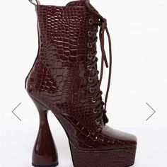 Brand New In Box Brown Platform Boots With Block Heel For Party, Brown Synthetic Party Boots, Brown Platform Boots With Reinforced Heel For Party, Brown Lace-up Party Boots, Croc Platforms, Platform Boots, Shoes Heels Boots, Shoes Women Heels, Heeled Boots