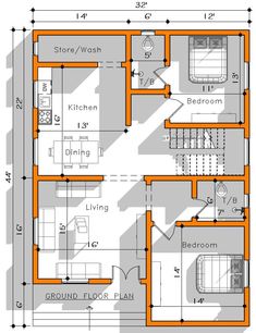 the floor plan for a two story house with an attached kitchen and living room area