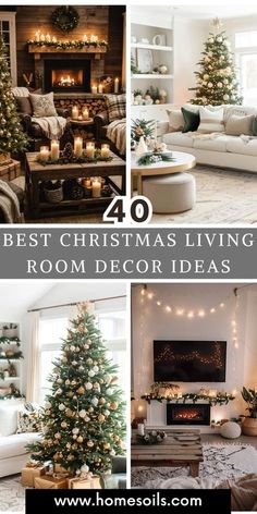 christmas living room decorating ideas with candles and lights on the tree in front of the fireplace