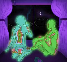 two people sitting in front of a window at night, one is neon green and the other is blue