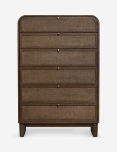 the chest of drawers is made out of wood and has five drawers with brass knobs