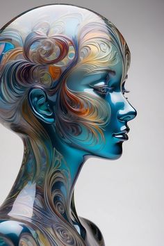 a glass sculpture with an artistic design on it's face and body, against a gray background