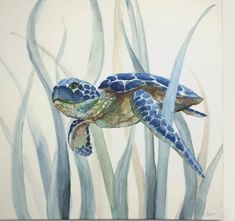 a watercolor painting of a sea turtle swimming in the ocean with reeds behind it